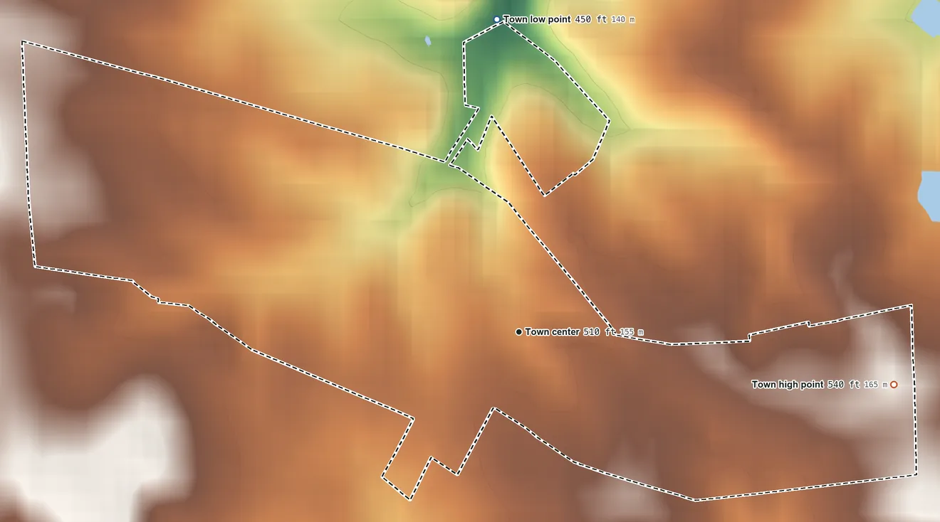 Topographic elevation map of Hamilton, Virginia, shaded from 450 ft on the north side to 540 ft on the east side