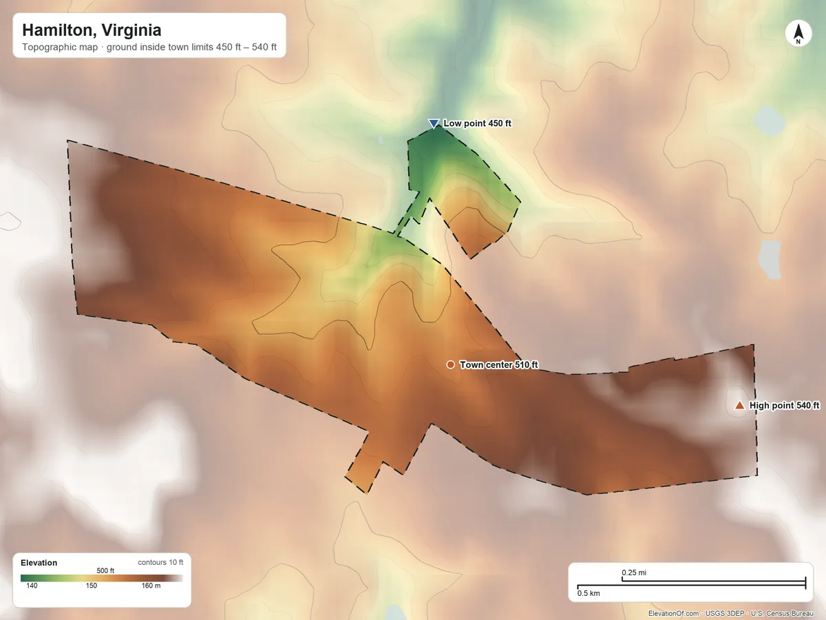 Topographic elevation map of Hamilton, Virginia, shaded from 450 ft on the north side to 540 ft on the east side