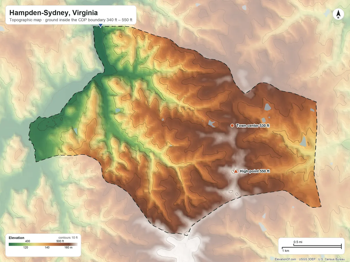 Topographic elevation map of Hampden-Sydney, Virginia, shaded from 340 ft on the northwest side to 550 ft on the south side
