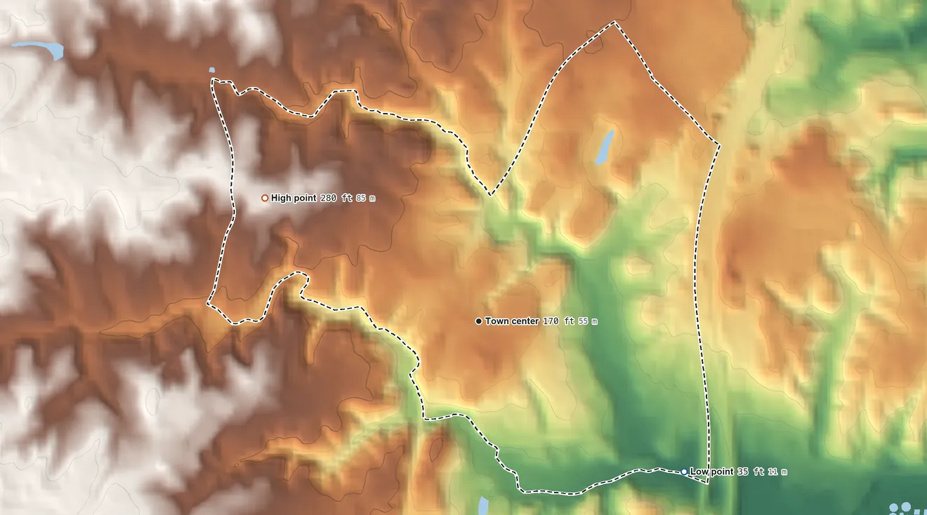 Topographic elevation map of Hampton Oaks, Virginia, shaded from 35 ft on the southeast side to 280 ft on the northwest side