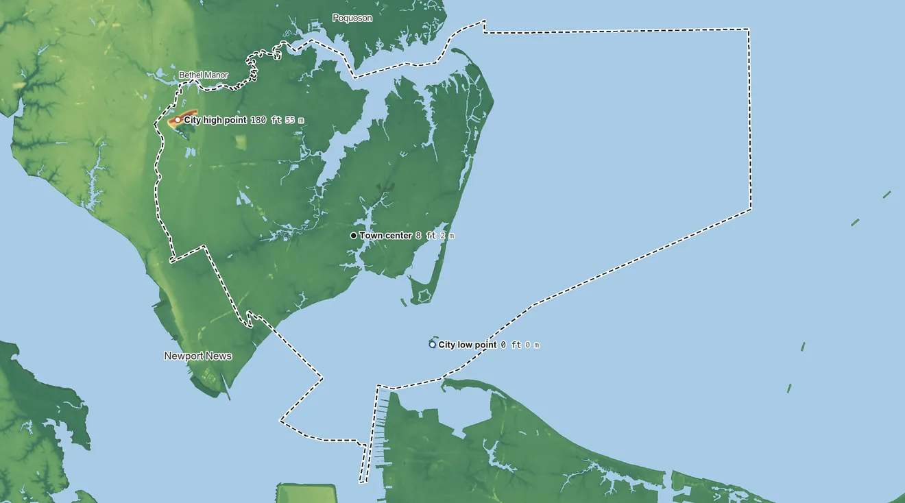 Topographic elevation map of Hampton, Virginia, shaded from sea level level on the Hampton Roads to 180 ft on the northwest side