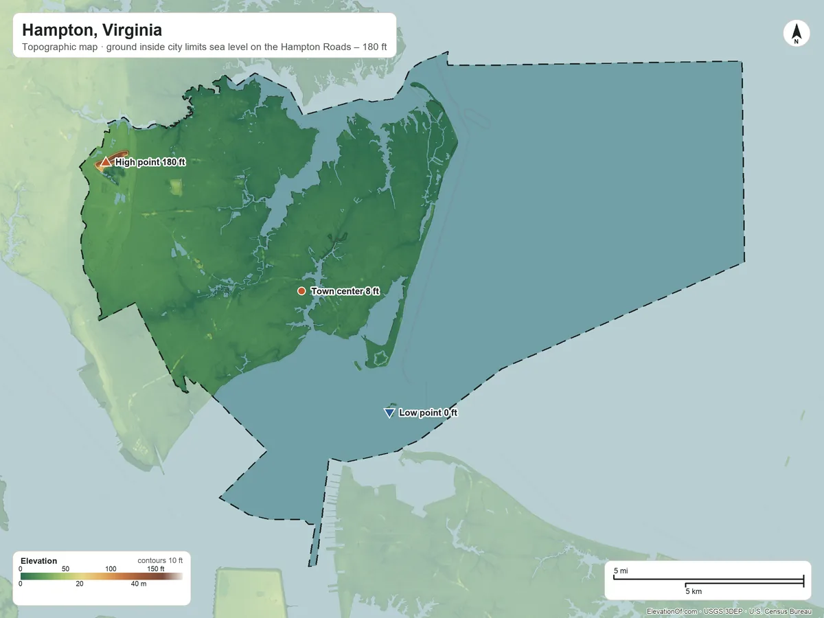 Topographic elevation map of Hampton, Virginia, shaded from sea level level on the Hampton Roads to 180 ft on the northwest side