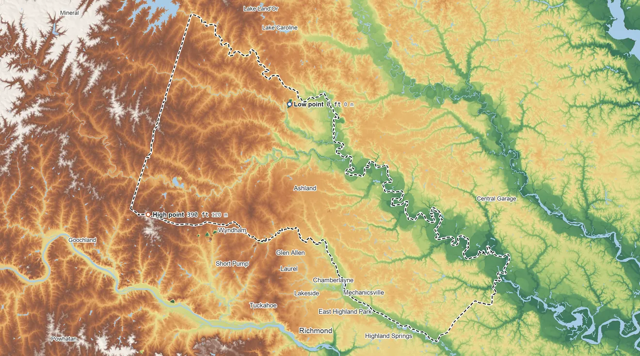 Topographic elevation map of Hanover County, Virginia, shaded from 0 ft on the north side to 390 ft on the west side