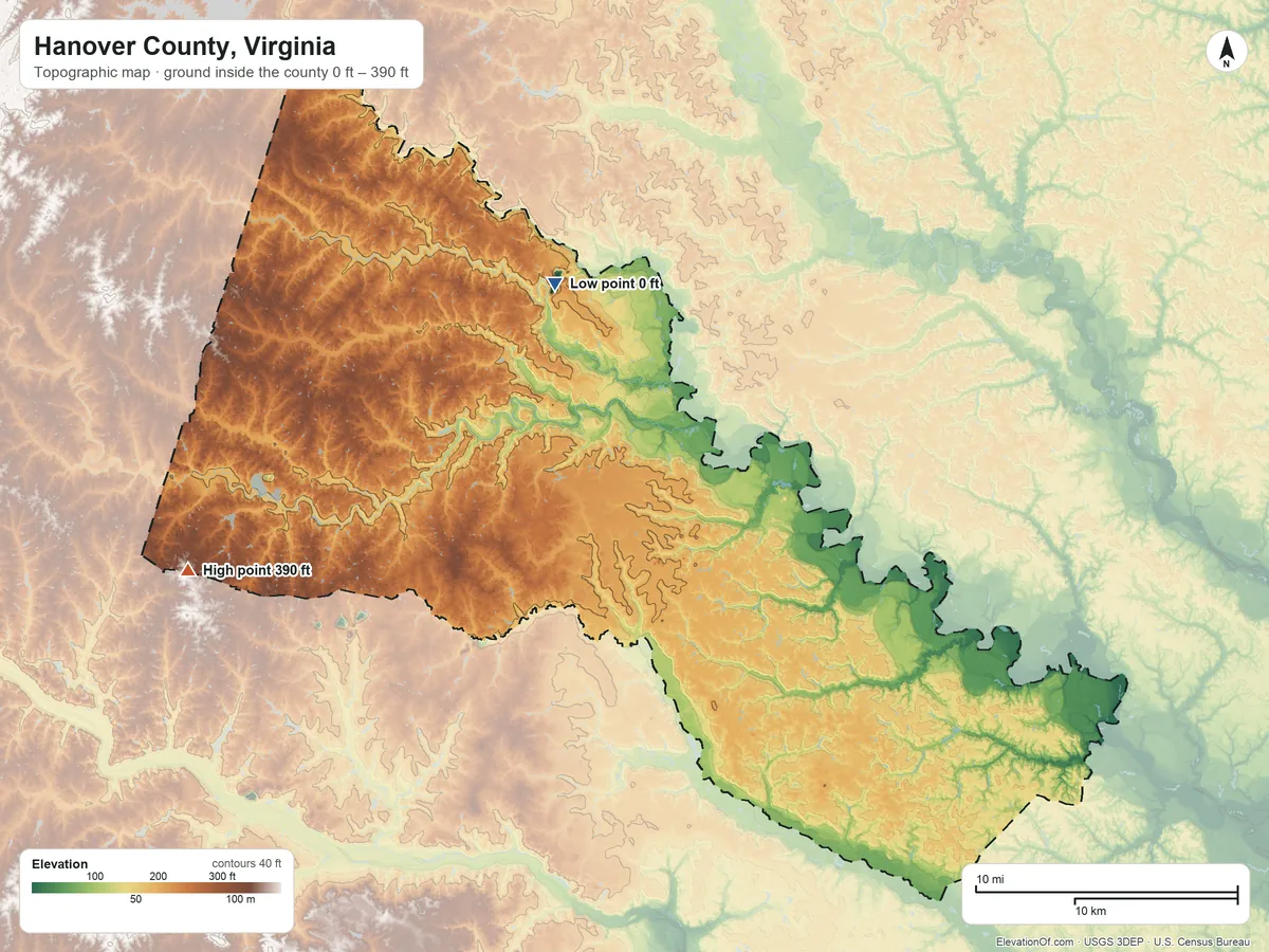 Topographic elevation map of Hanover County, Virginia, shaded from 0 ft on the north side to 390 ft on the west side