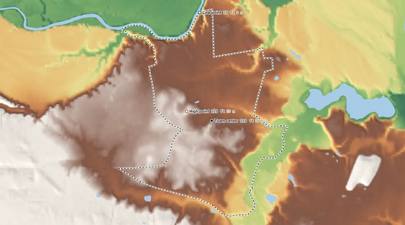Topographic elevation map of Hanover, Virginia, shaded from 27 ft on the north side to 110 ft on the west side