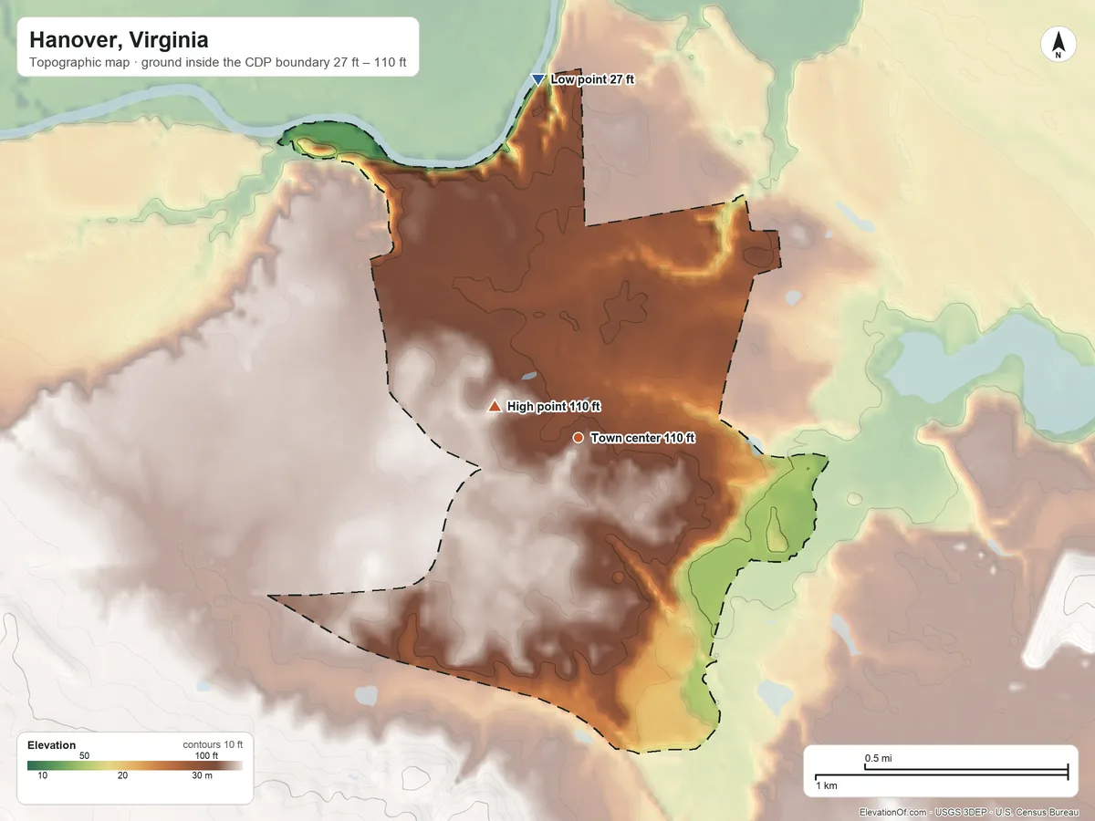 Topographic elevation map of Hanover, Virginia, shaded from 27 ft on the north side to 110 ft on the west side