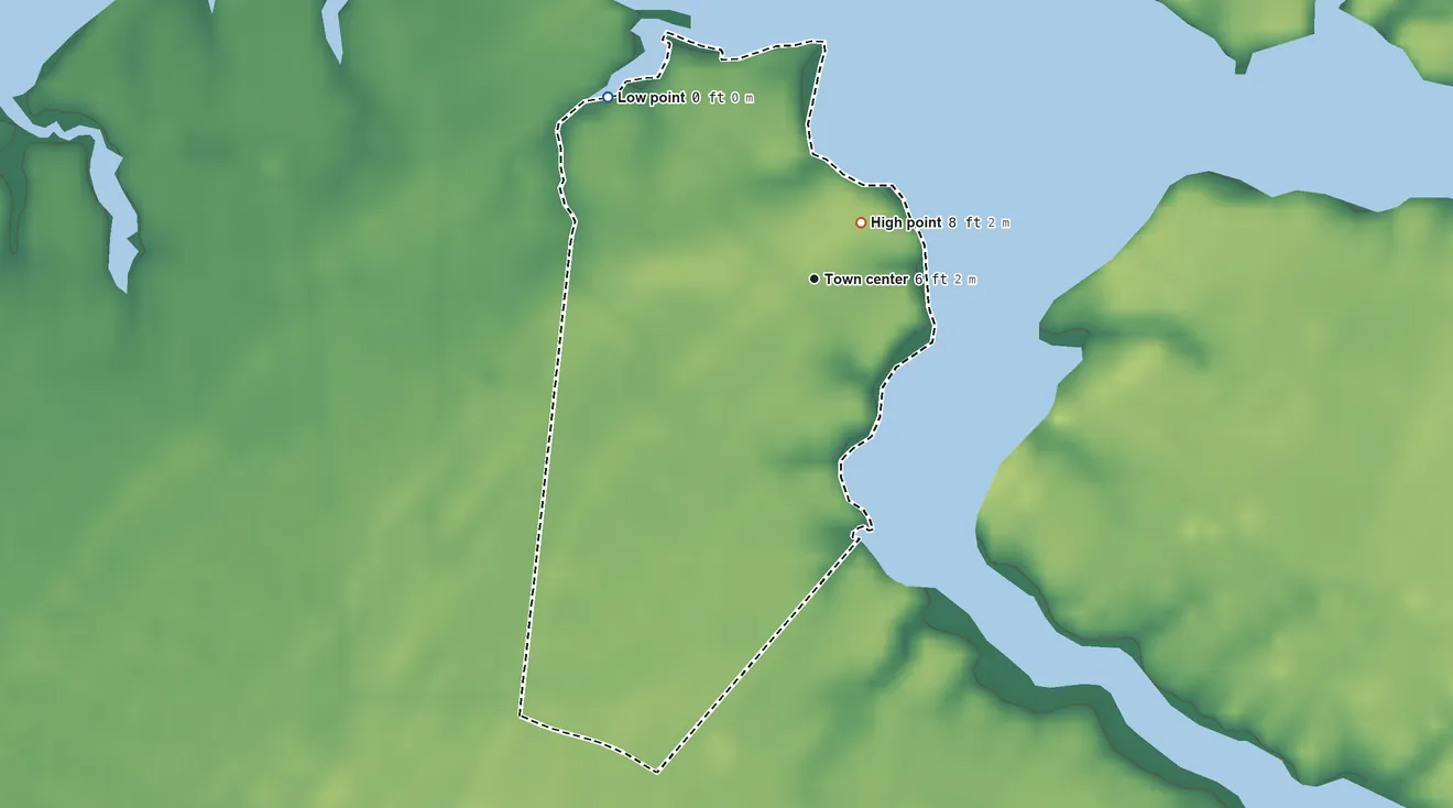 Topographic elevation map of Harborton, Virginia, shaded from sea level level on Pungoteague Creek to 8 ft near the middle