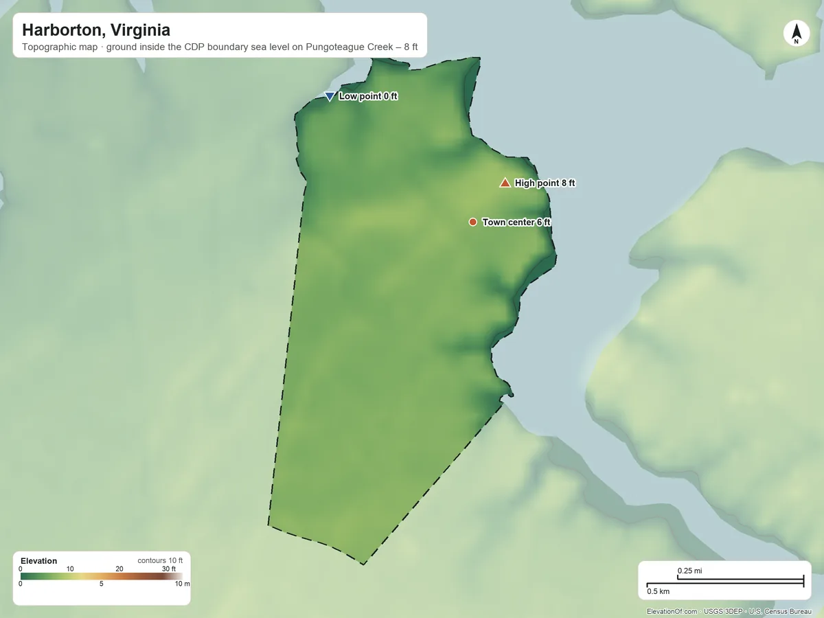 Topographic elevation map of Harborton, Virginia, shaded from sea level level on Pungoteague Creek to 8 ft near the middle