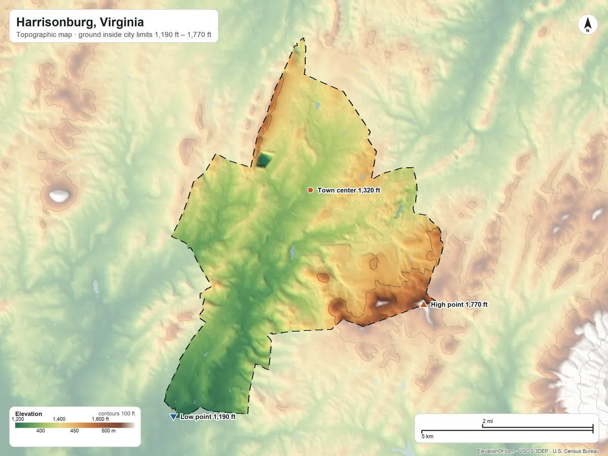 Topographic elevation map of Harrisonburg, Virginia, shaded from 1,190 ft on the southwest side to 1,770 ft on the southeast side