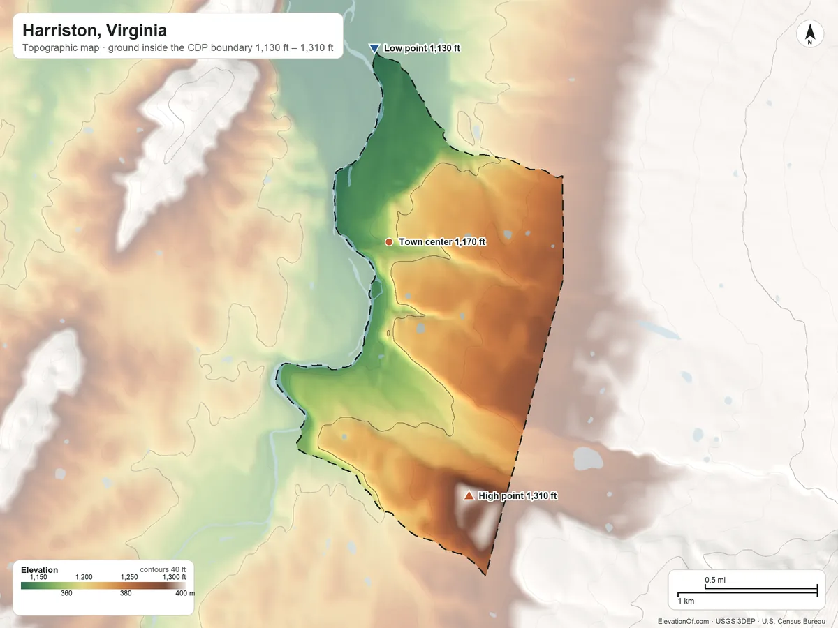 Topographic elevation map of Harriston, Virginia, shaded from 1,130 ft on the north side to 1,310 ft on the south edge, below higher ground just outside