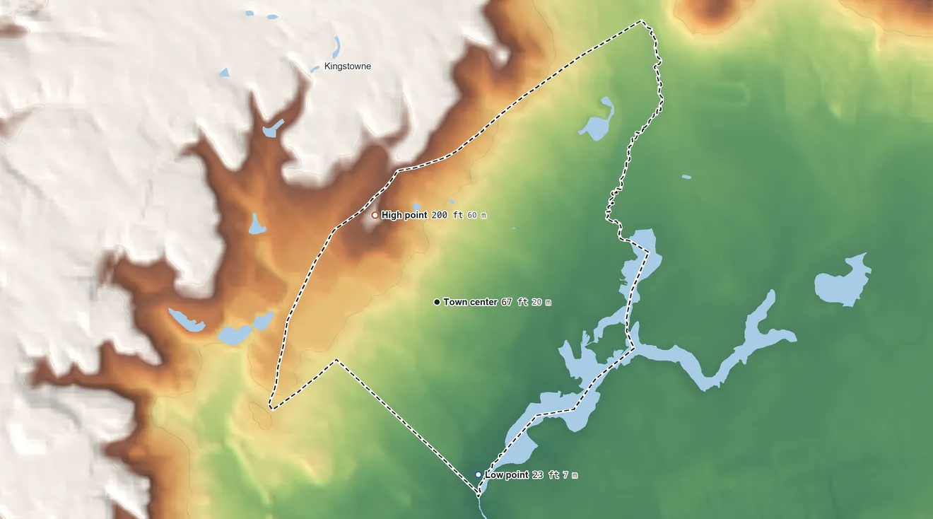 Topographic elevation map of Hayfield, Virginia, shaded from 23 ft on the south side to 200 ft on the northwest side