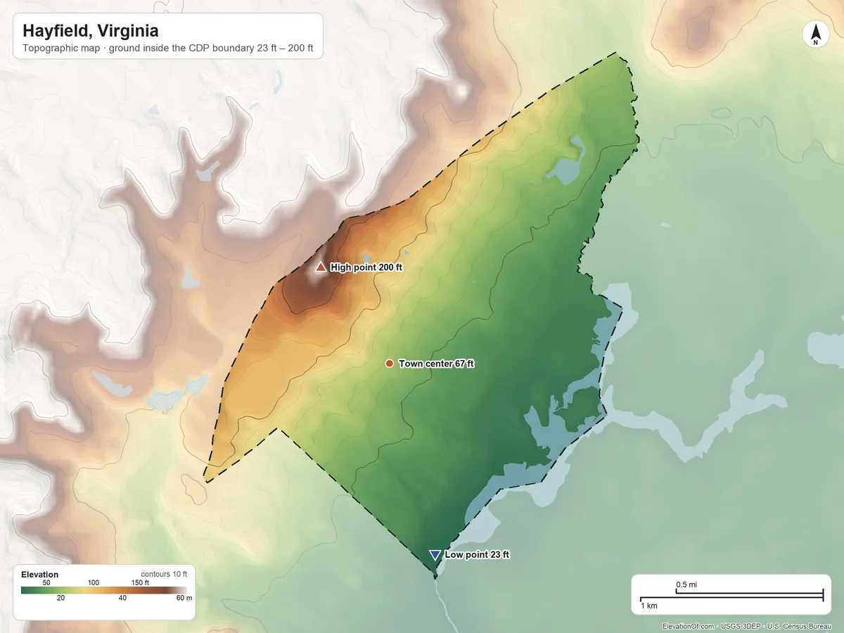 Topographic elevation map of Hayfield, Virginia, shaded from 23 ft on the south side to 200 ft on the northwest side