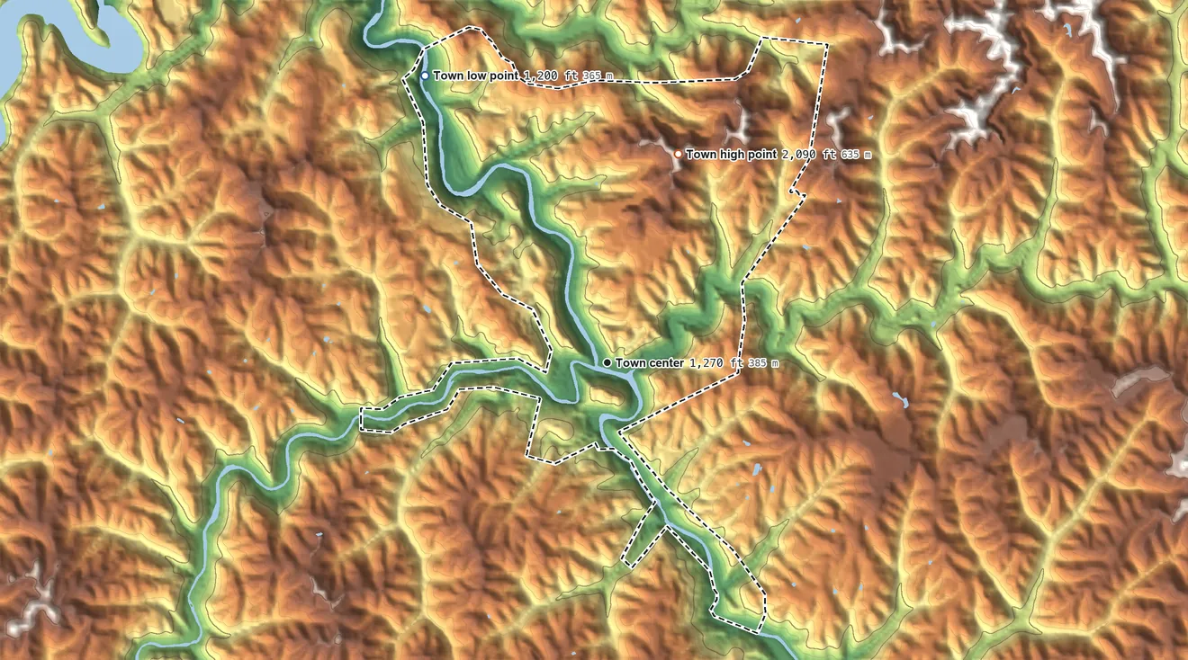 Topographic elevation map of Haysi, Virginia, shaded from 1,200 ft on the northwest side to 2,090 ft on the north side