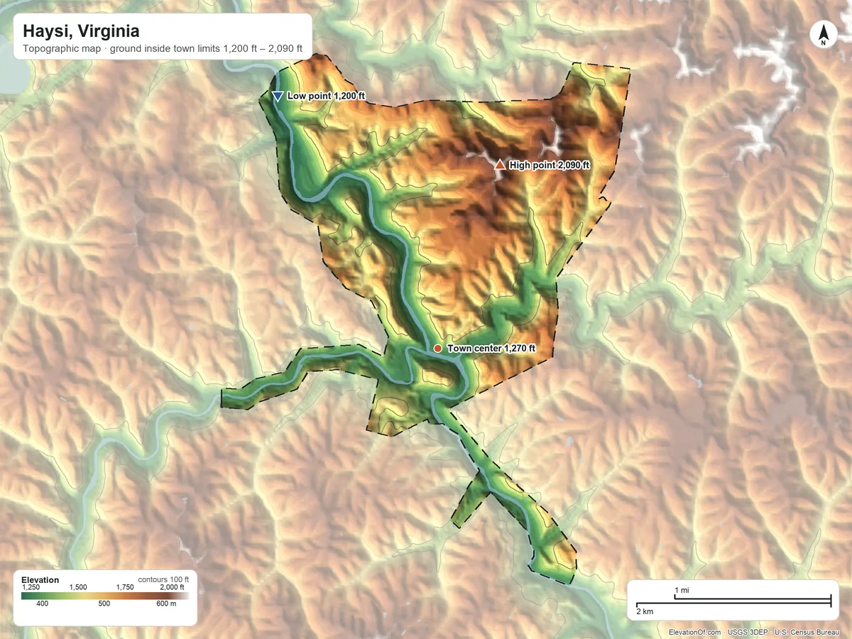 Topographic elevation map of Haysi, Virginia, shaded from 1,200 ft on the northwest side to 2,090 ft on the north side