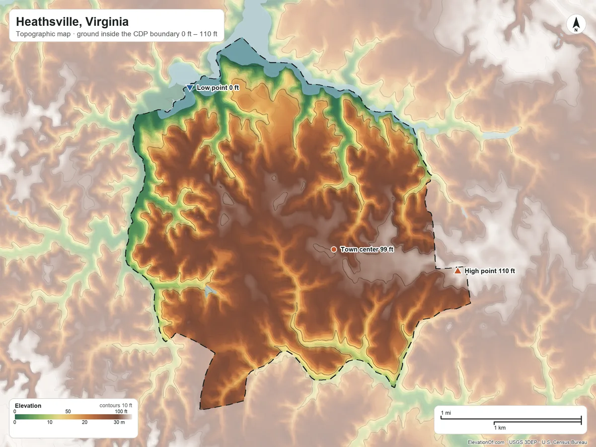 Topographic elevation map of Heathsville, Virginia, shaded from 0 ft on the northwest side to 110 ft on the east side