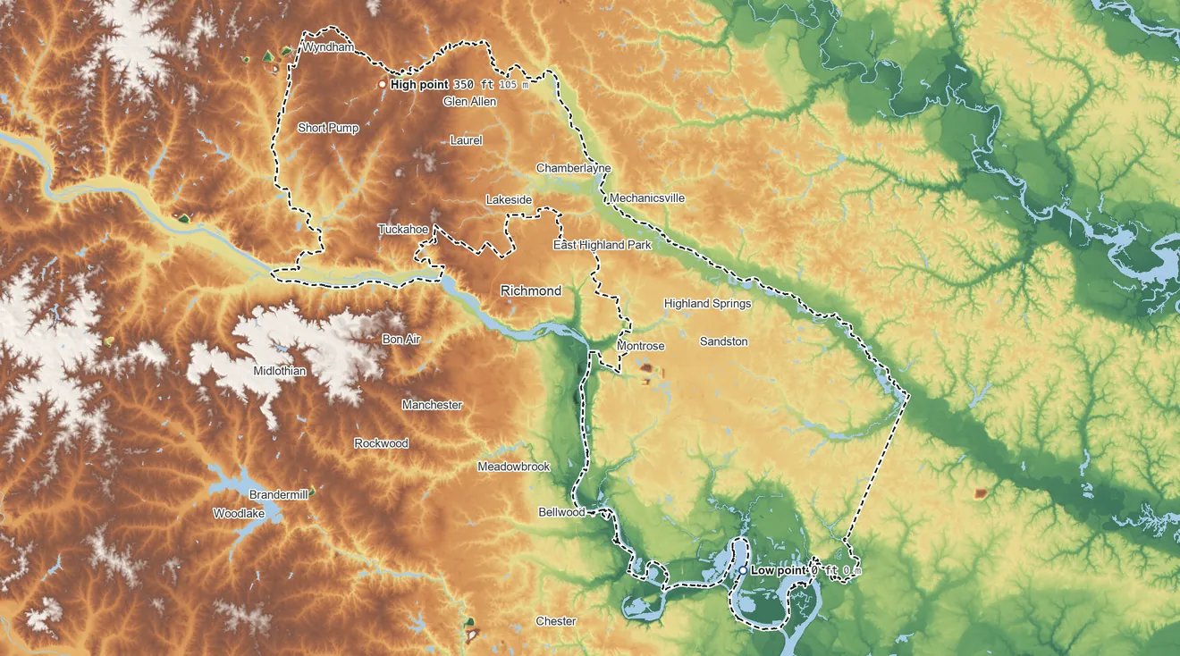 Topographic elevation map of Henrico County, Virginia, shaded from 0 ft on the southeast side to 350 ft on the northwest side