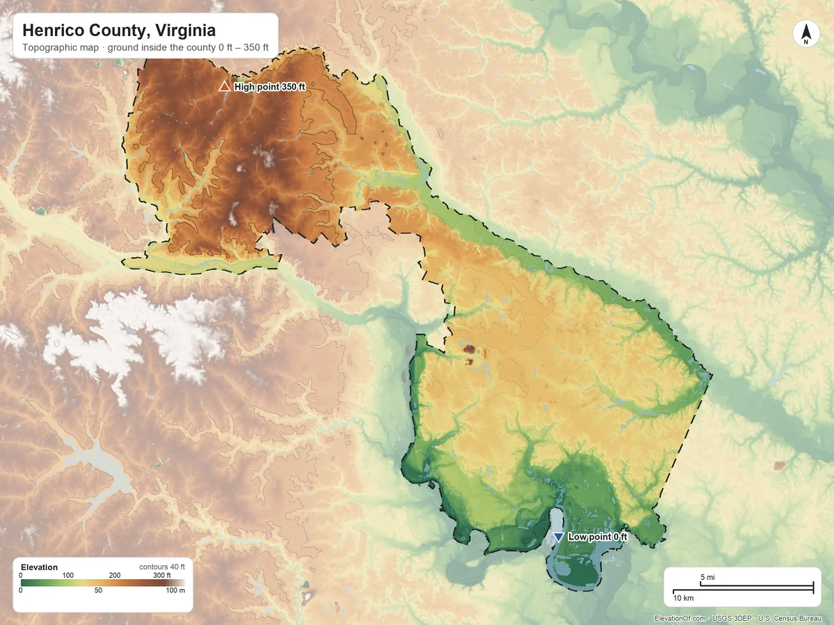 Topographic elevation map of Henrico County, Virginia, shaded from 0 ft on the southeast side to 350 ft on the northwest side