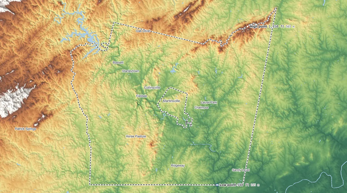 Topographic elevation map of Henry County, Virginia, shaded from 540 ft on the southeast side to 1,850 ft on Turkeycock Mountain