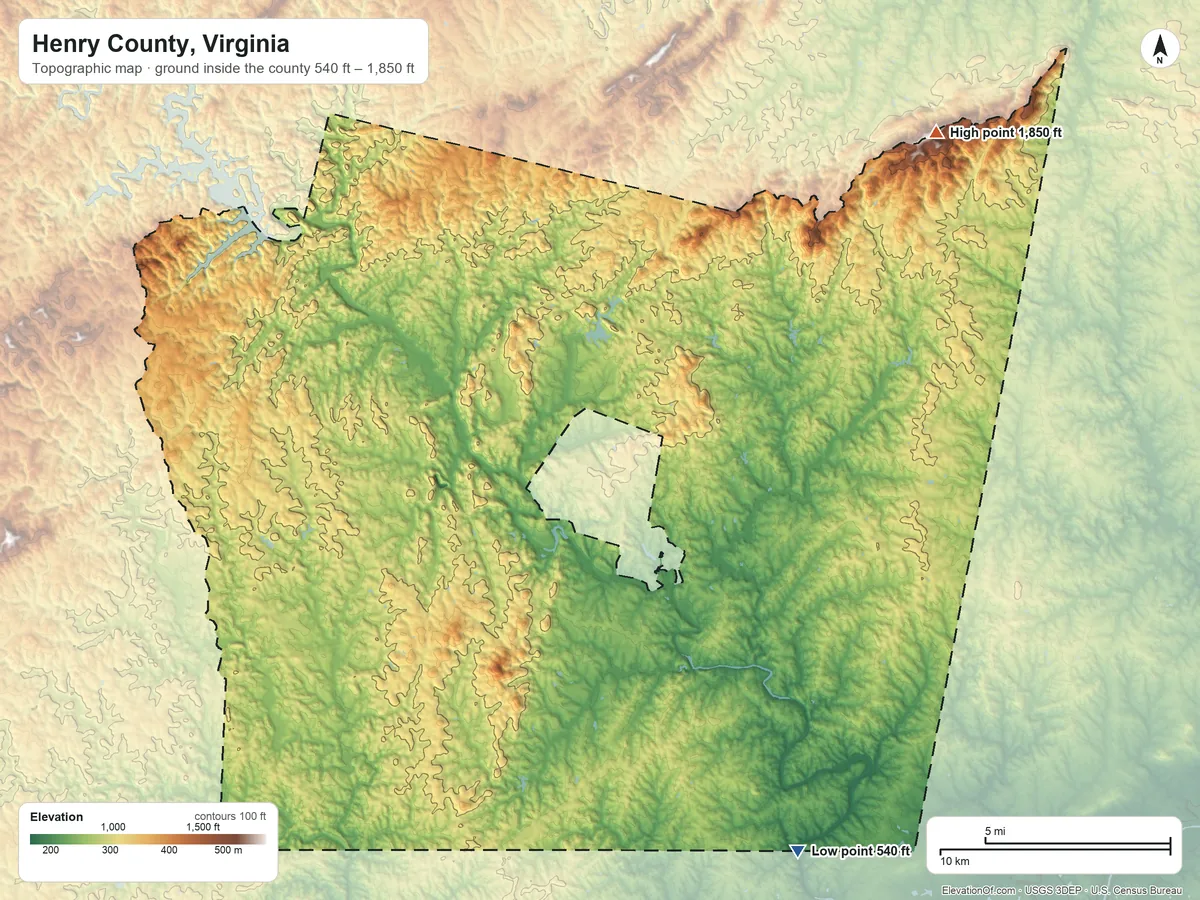 Topographic elevation map of Henry County, Virginia, shaded from 540 ft on the southeast side to 1,850 ft on Turkeycock Mountain