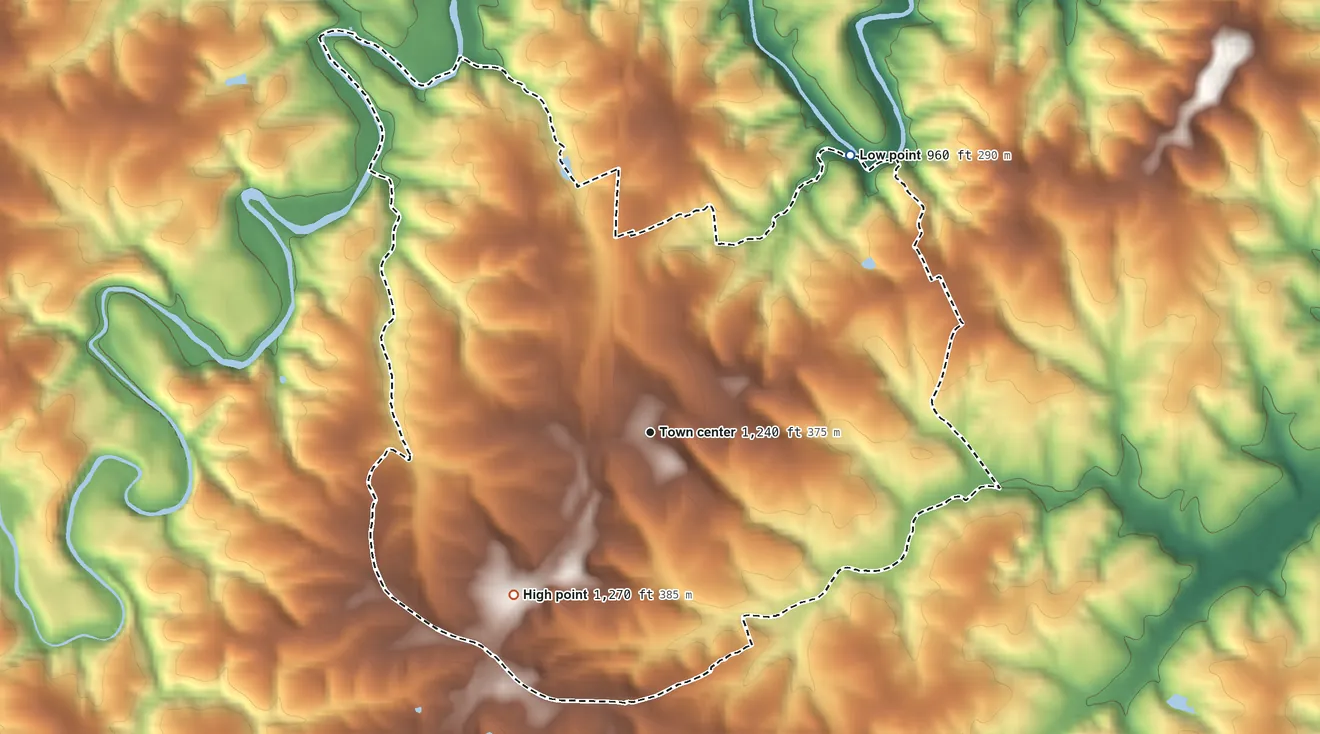 Topographic elevation map of Henry Fork, Virginia, shaded from 960 ft on the northeast side to 1,270 ft on the southwest side
