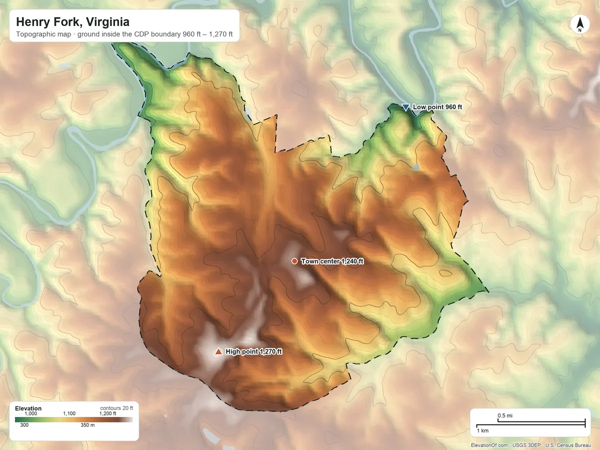 Topographic elevation map of Henry Fork, Virginia, shaded from 960 ft on the northeast side to 1,270 ft on the southwest side