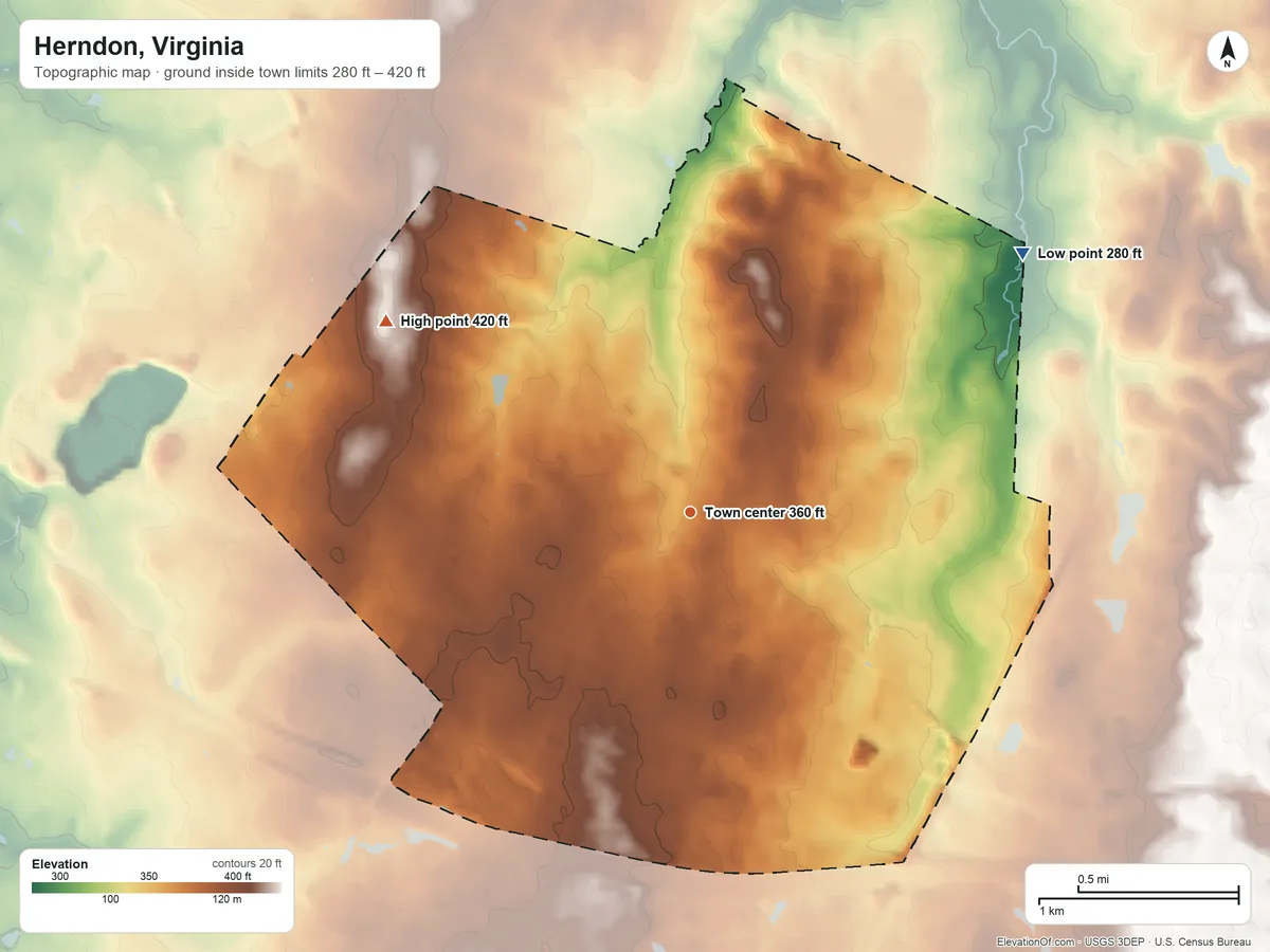 Topographic elevation map of Herndon, Virginia, shaded from 280 ft on the northeast side to 420 ft on the northwest side