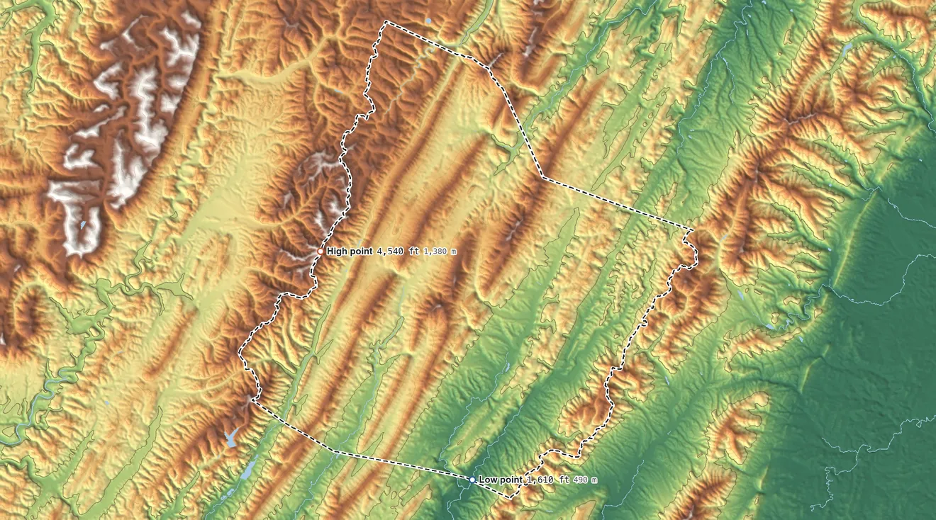 Topographic elevation map of Highland County, Virginia, shaded from 1,610 ft on the south side to 4,540 ft on the west side