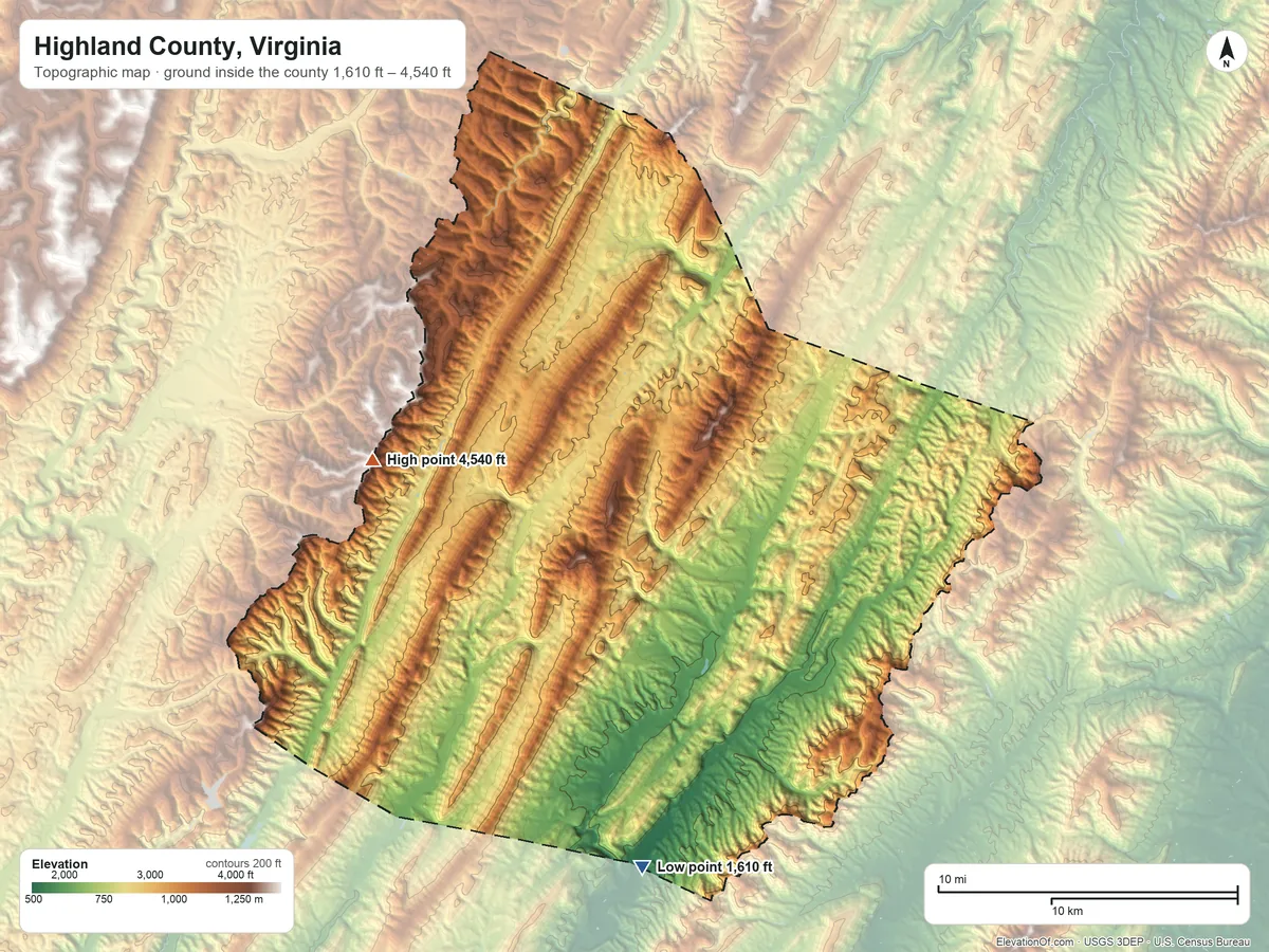 Topographic elevation map of Highland County, Virginia, shaded from 1,610 ft on the south side to 4,540 ft on the west side