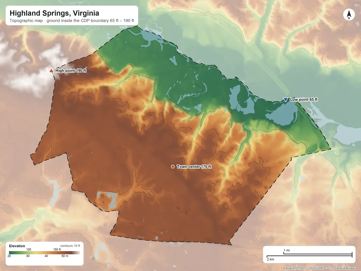 Topographic elevation map of Highland Springs, Virginia, shaded from 65 ft on the northeast side to 190 ft on the northwest side