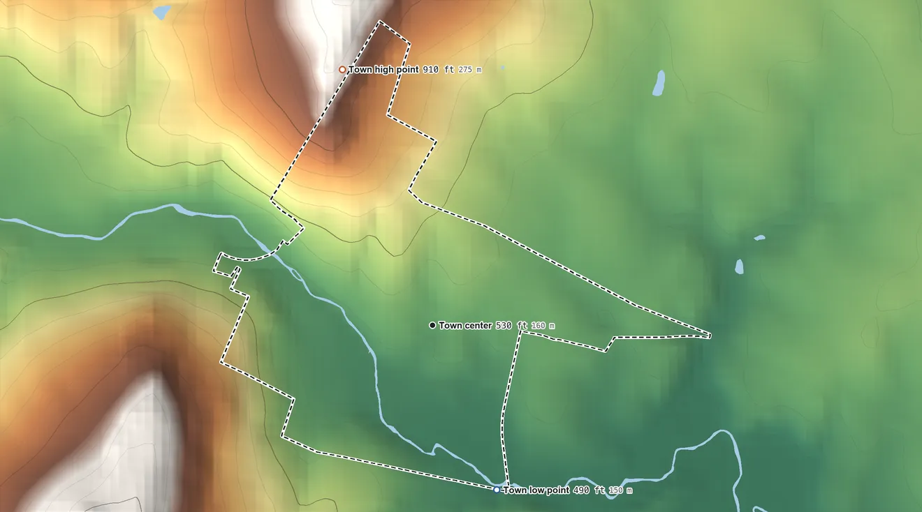 Topographic elevation map of Hillsboro, Virginia, shaded from 490 ft on the south side to 910 ft on the north edge, below higher ground just outside