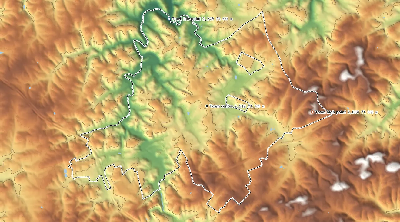 Topographic elevation map of Hillsville, Virginia, shaded from 2,240 ft on the northwest side to 2,850 ft on the east side