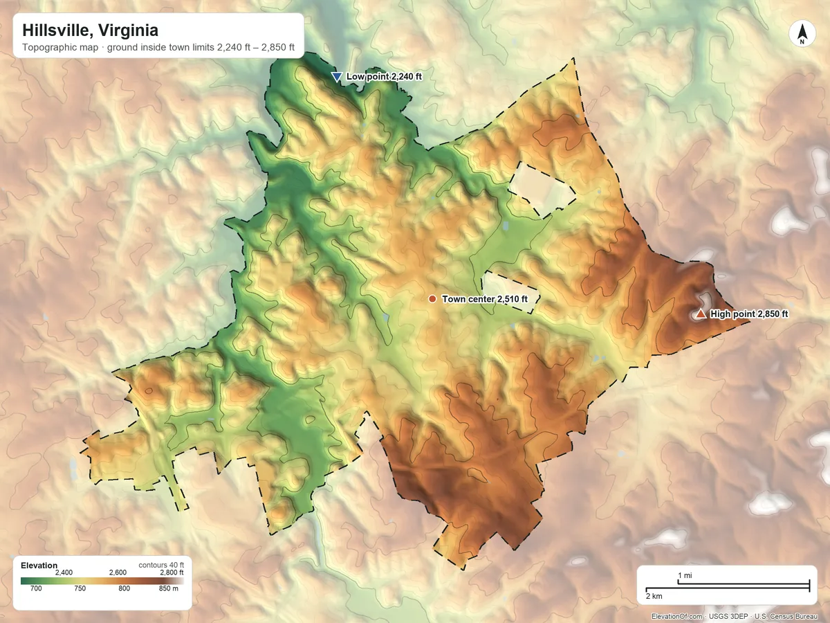Topographic elevation map of Hillsville, Virginia, shaded from 2,240 ft on the northwest side to 2,850 ft on the east side