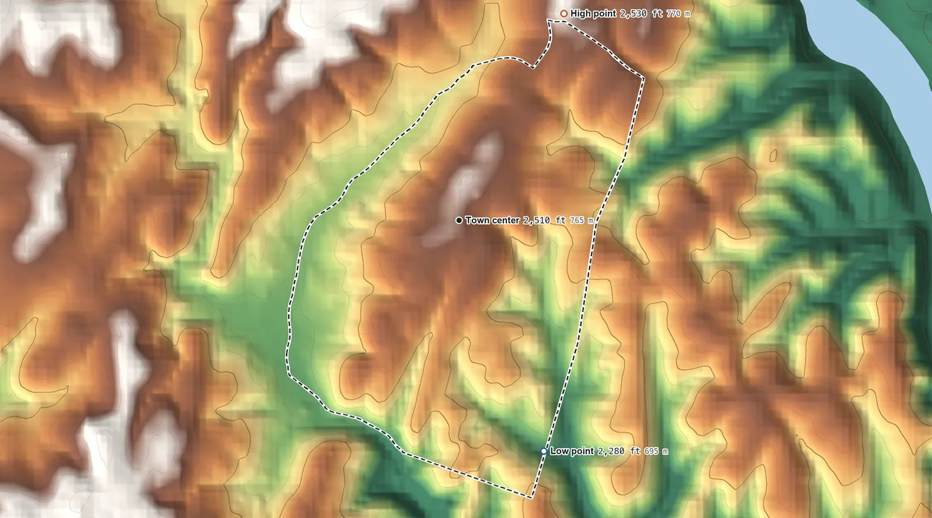 Topographic elevation map of Hilltown, Virginia, shaded from 2,280 ft on the south side to 2,530 ft on the northeast edge, below higher ground just outside