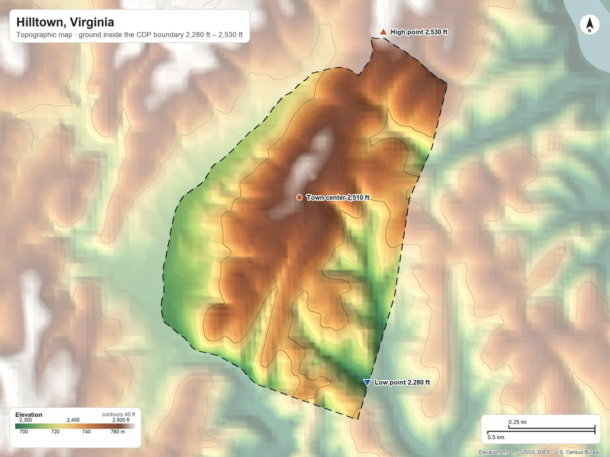 Topographic elevation map of Hilltown, Virginia, shaded from 2,280 ft on the south side to 2,530 ft on the northeast edge, below higher ground just outside