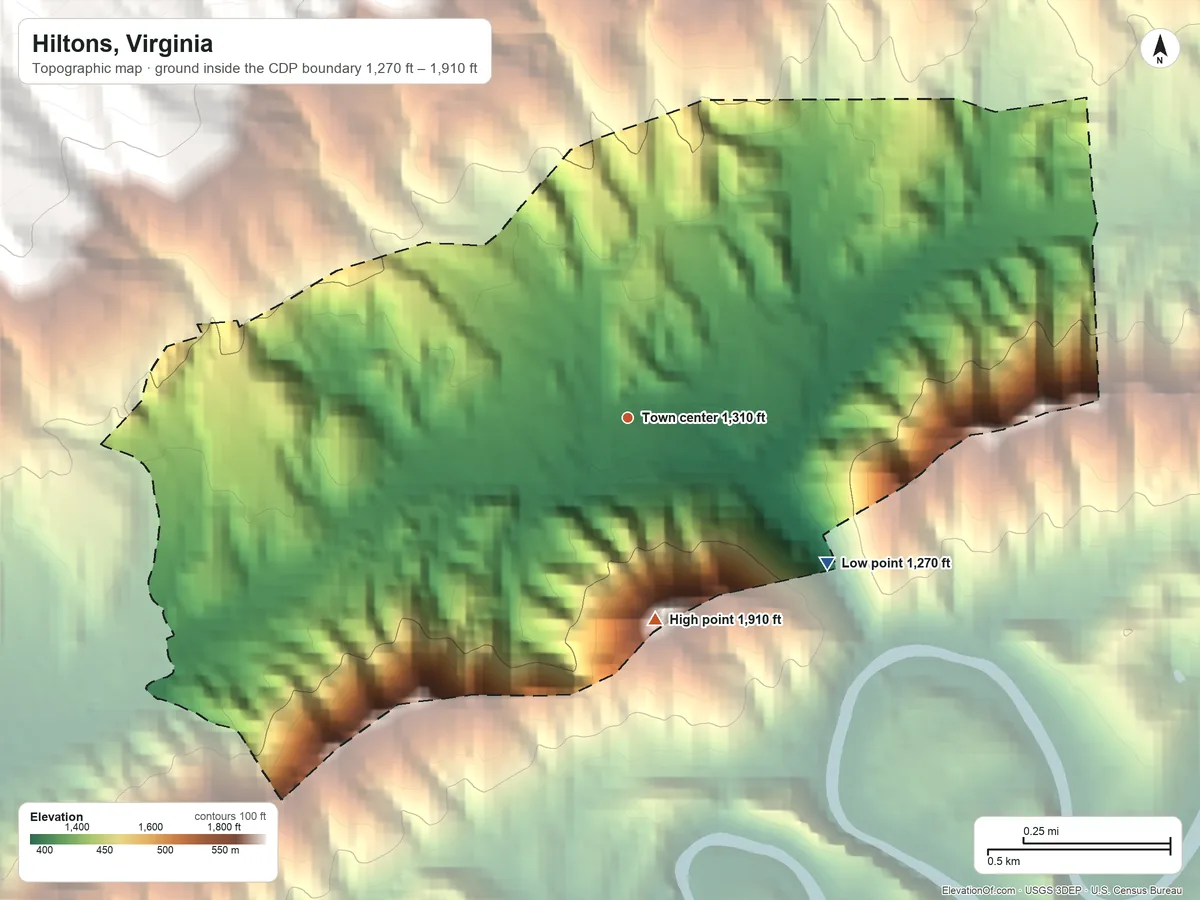 Topographic elevation map of Hiltons, Virginia, shaded from 1,270 ft on the southeast side to 1,910 ft on the south edge, below higher ground just outside