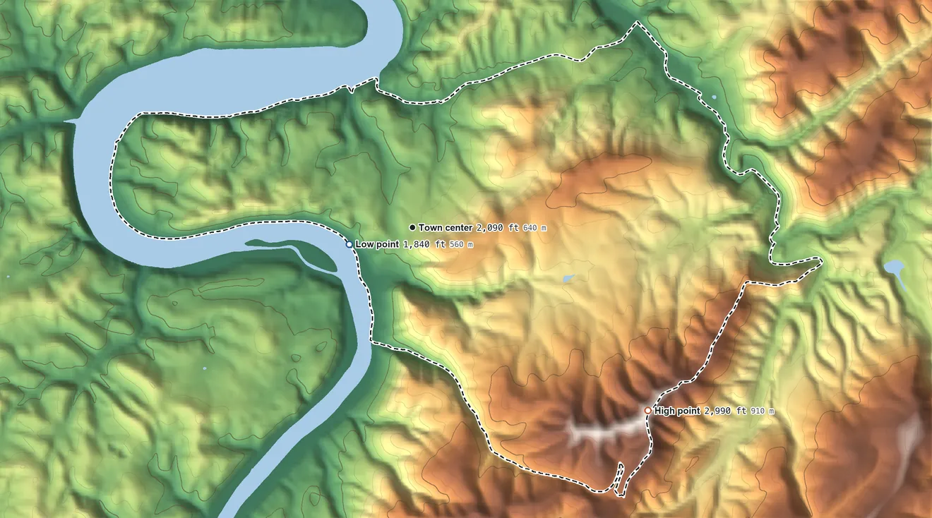 Topographic elevation map of Hiwassee, Virginia, shaded from 1,840 ft near the middle to 2,990 ft on the southeast edge, below higher ground just outside