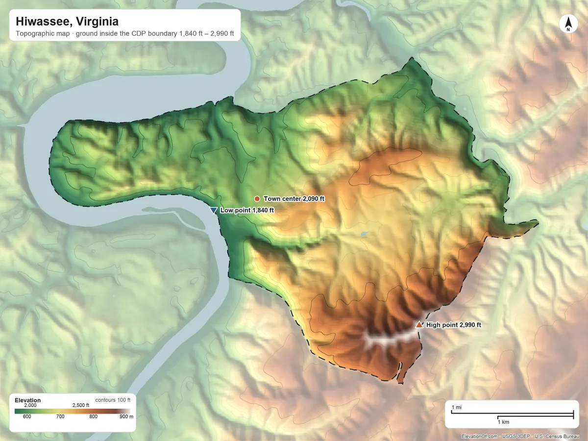Topographic elevation map of Hiwassee, Virginia, shaded from 1,840 ft near the middle to 2,990 ft on the southeast edge, below higher ground just outside