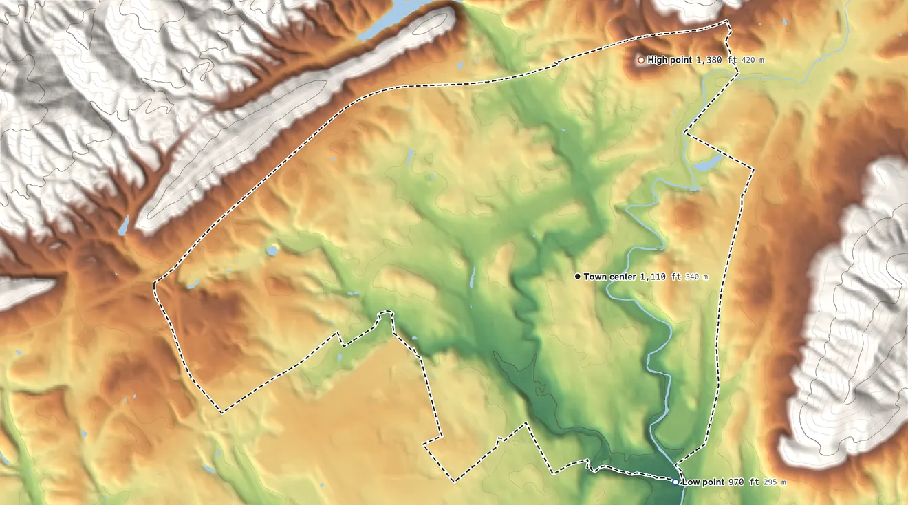 Topographic elevation map of Hollins, Virginia, shaded from 970 ft on the southeast side to 1,380 ft on the north edge, below higher ground just outside