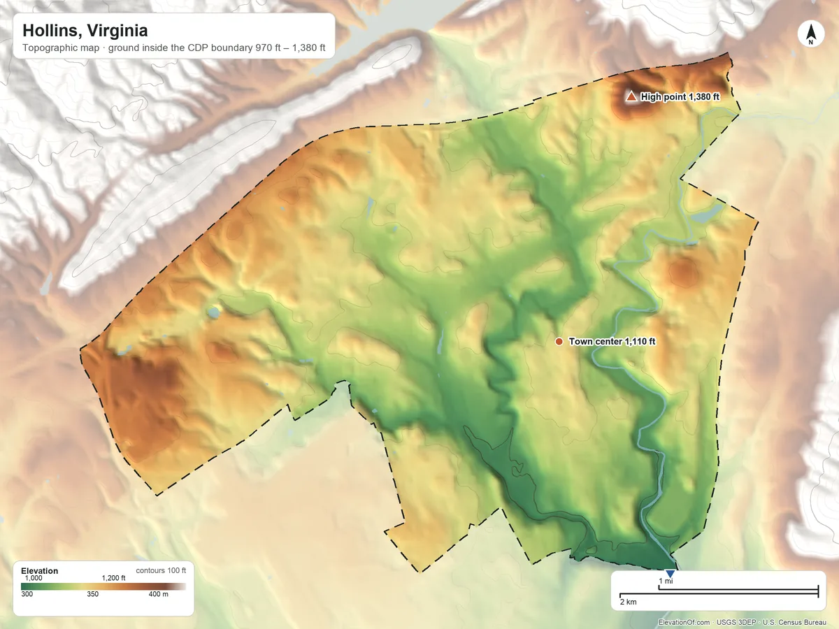 Topographic elevation map of Hollins, Virginia, shaded from 970 ft on the southeast side to 1,380 ft on the north edge, below higher ground just outside