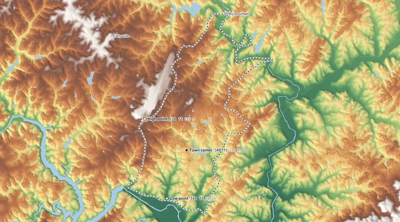 Topographic elevation map of Hollymead, Virginia, shaded from 340 ft on the south side to 630 ft on the northwest side