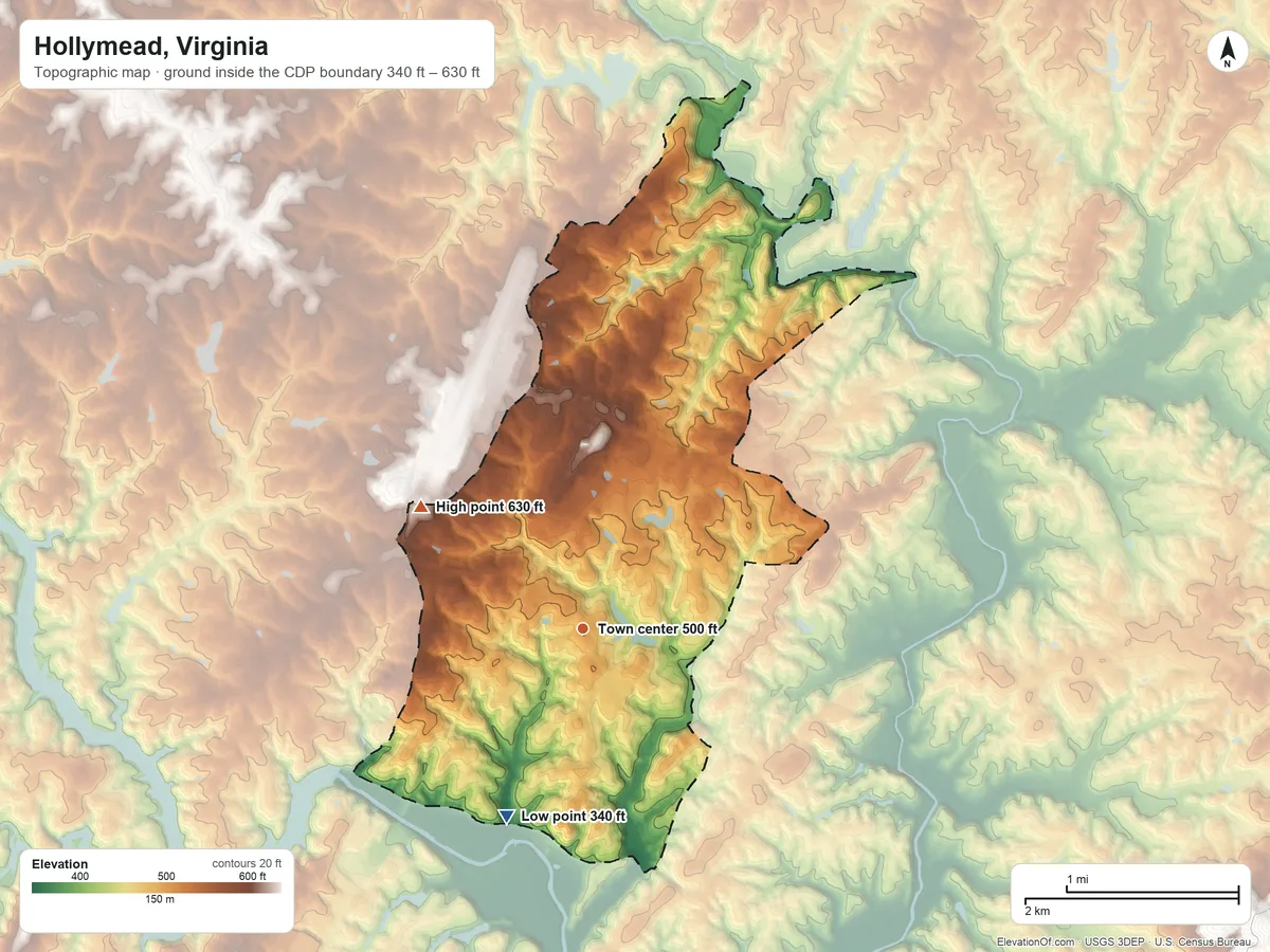 Topographic elevation map of Hollymead, Virginia, shaded from 340 ft on the south side to 630 ft on the northwest side