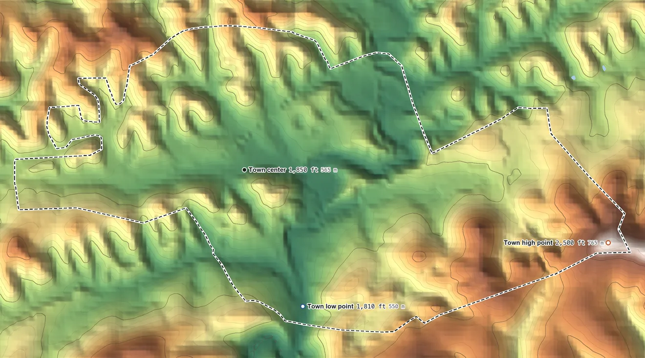 Topographic elevation map of Honaker, Virginia, shaded from 1,810 ft on the southeast side to 2,500 ft on the east side
