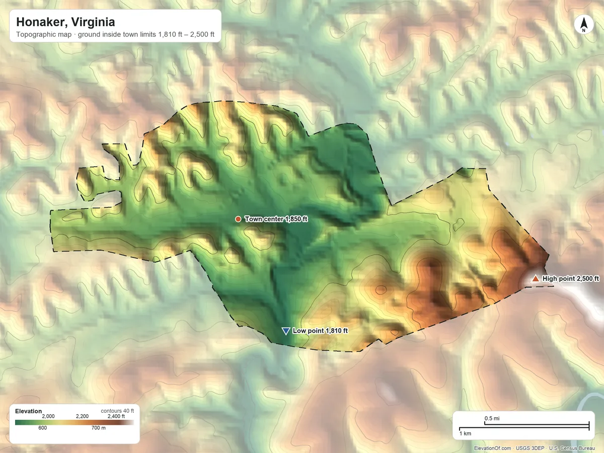 Topographic elevation map of Honaker, Virginia, shaded from 1,810 ft on the southeast side to 2,500 ft on the east side