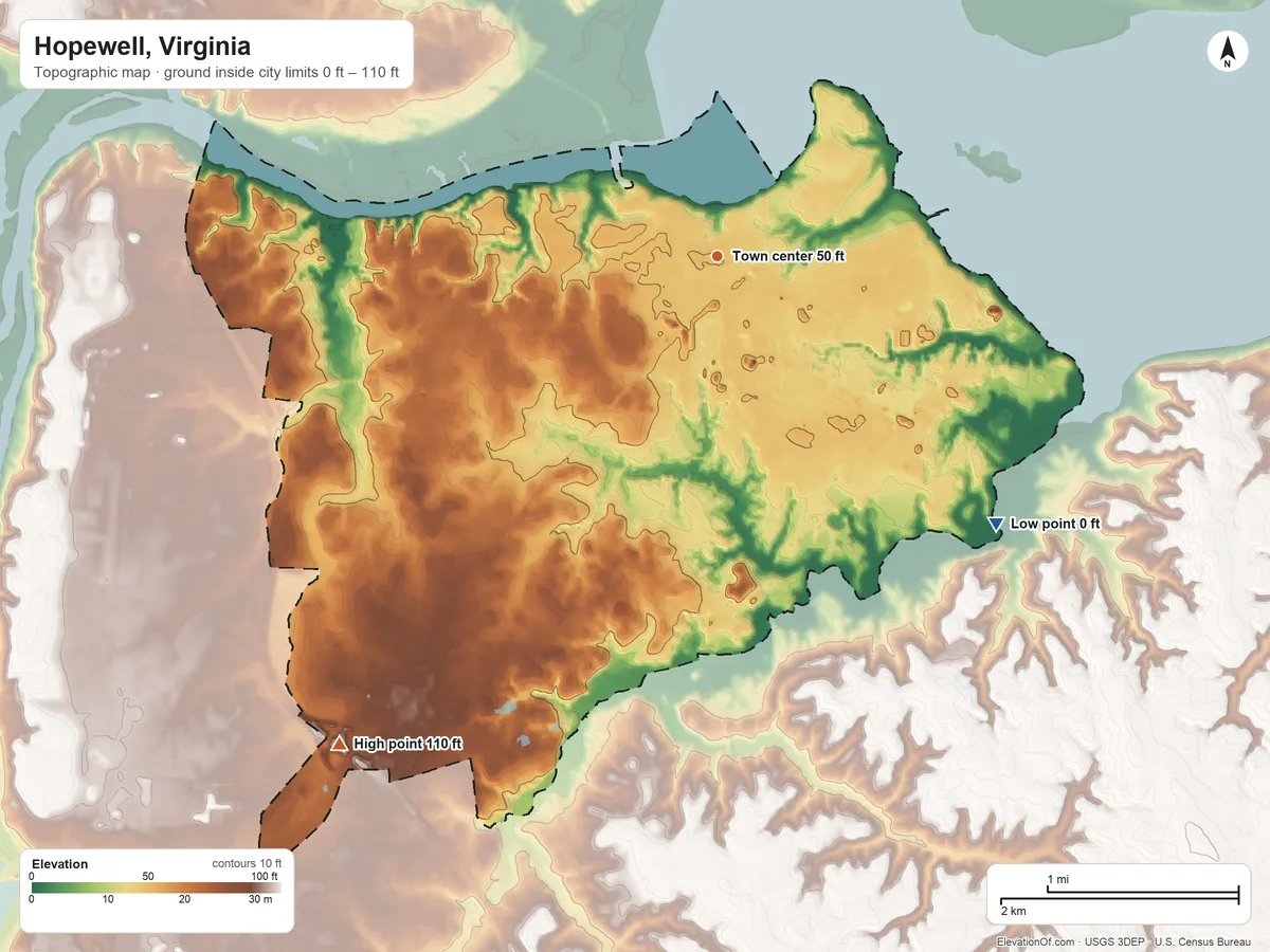 Topographic elevation map of Hopewell, Virginia, shaded from 0 ft on the southeast side to 110 ft on the southwest side