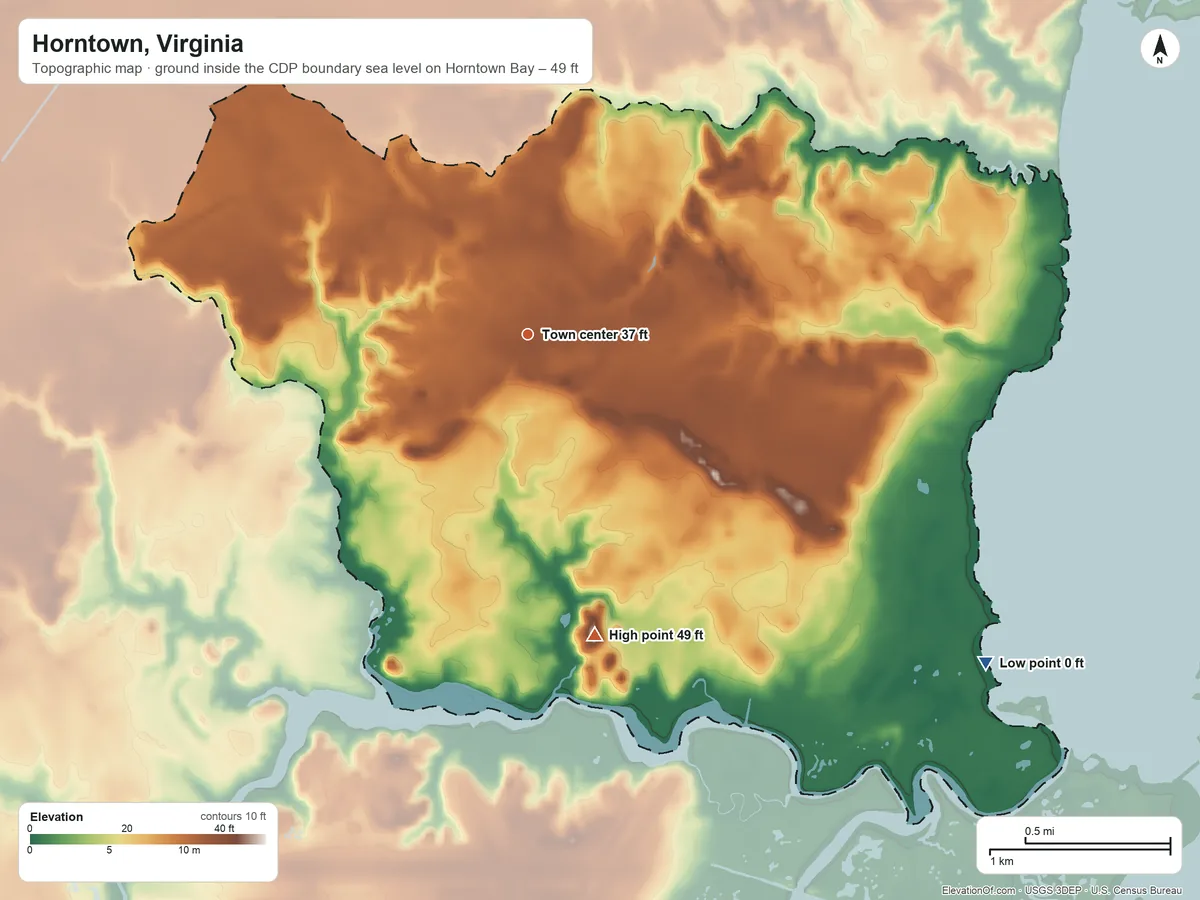 Topographic elevation map of Horntown, Virginia, shaded from sea level level on Horntown Bay to 49 ft on the south side