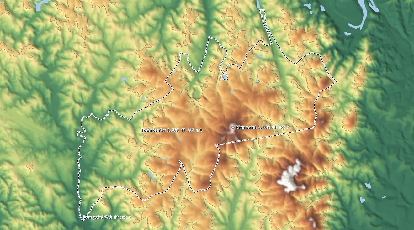 Topographic elevation map of Horse Pasture, Virginia, shaded from 790 ft on the southwest side to 1,300 ft near the middle