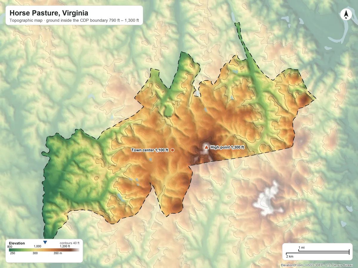 Topographic elevation map of Horse Pasture, Virginia, shaded from 790 ft on the southwest side to 1,300 ft near the middle