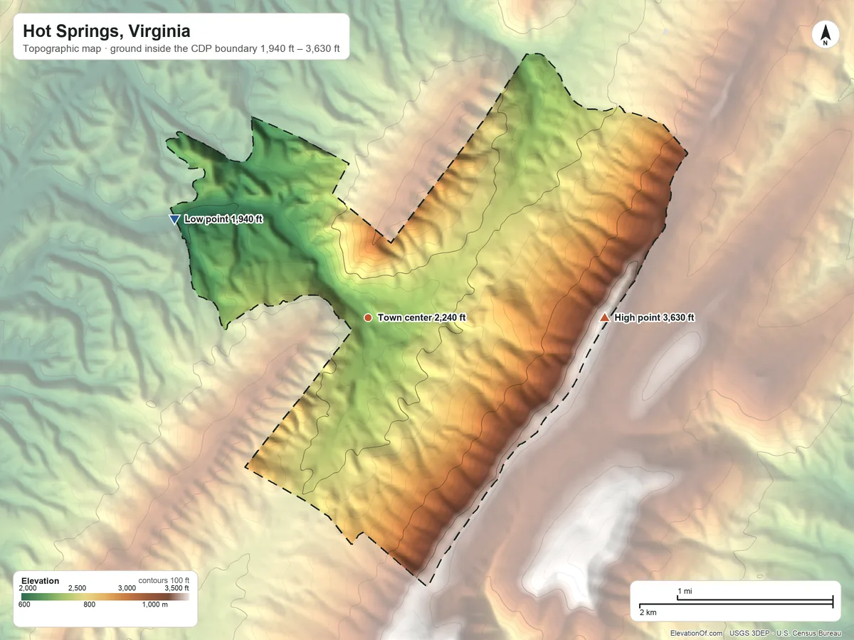 Topographic elevation map of Hot Springs, Virginia, shaded from 1,940 ft on the northwest side to 3,630 ft on the east side