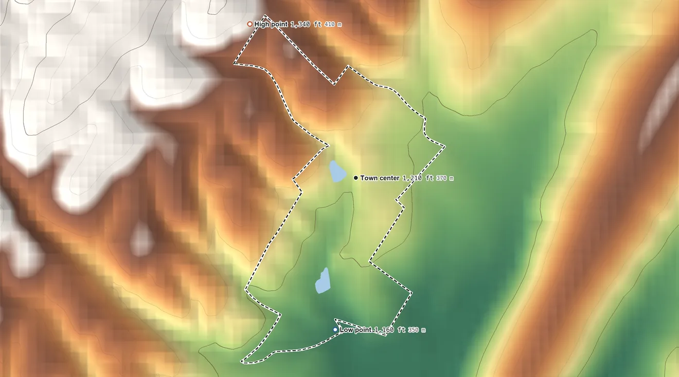 Topographic elevation map of Hudson Crossroads, Virginia, shaded from 1,160 ft on the south side to 1,340 ft at the foot of the Massanutten Mountain