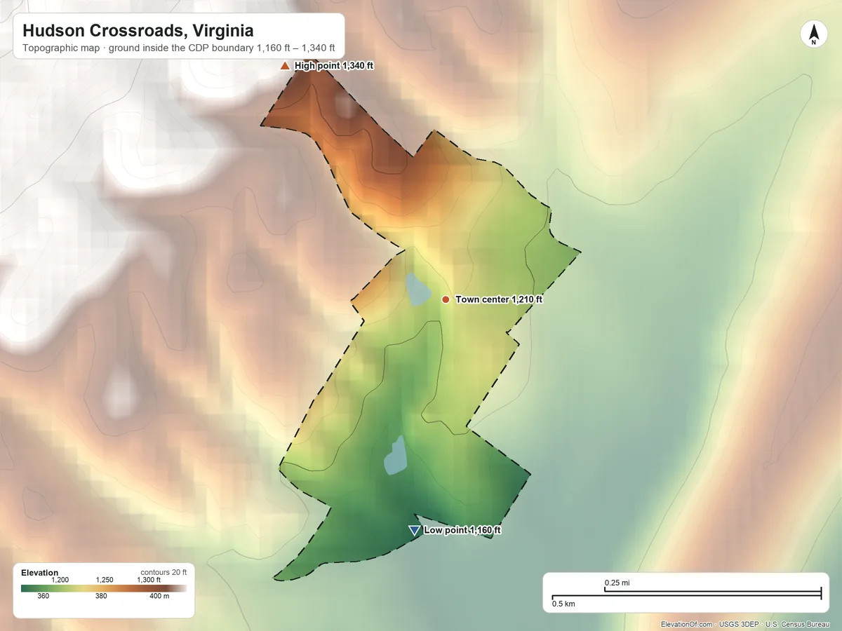 Topographic elevation map of Hudson Crossroads, Virginia, shaded from 1,160 ft on the south side to 1,340 ft at the foot of the Massanutten Mountain